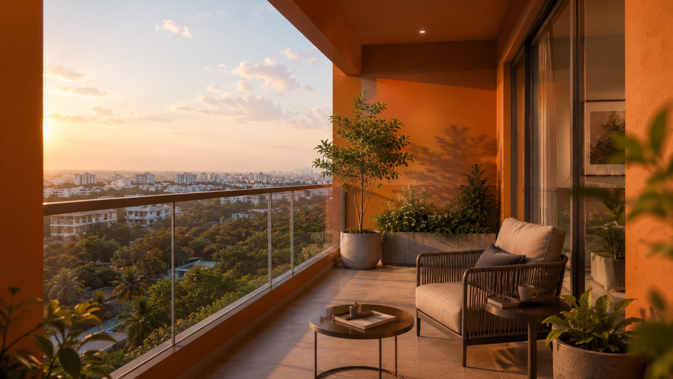 A private balcony with seating above the green landscape