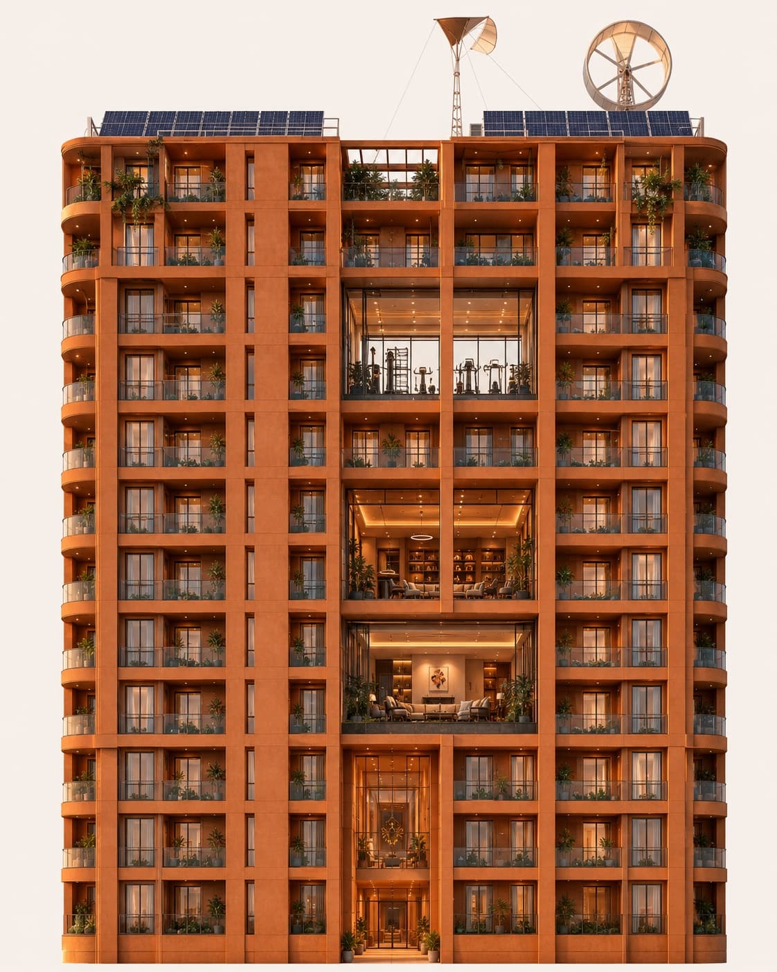 The Foakh tower in section — rooftop kite, wind turbine and solar above the residences, amenity floors and entrance