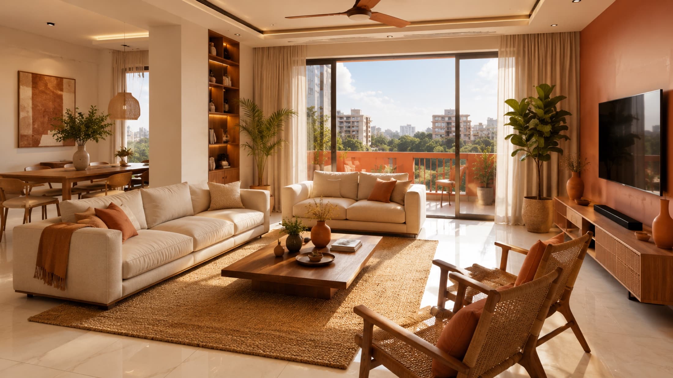 A living room with its corner glazing slid fully open to a private balcony, morning daylight across the limestone floor