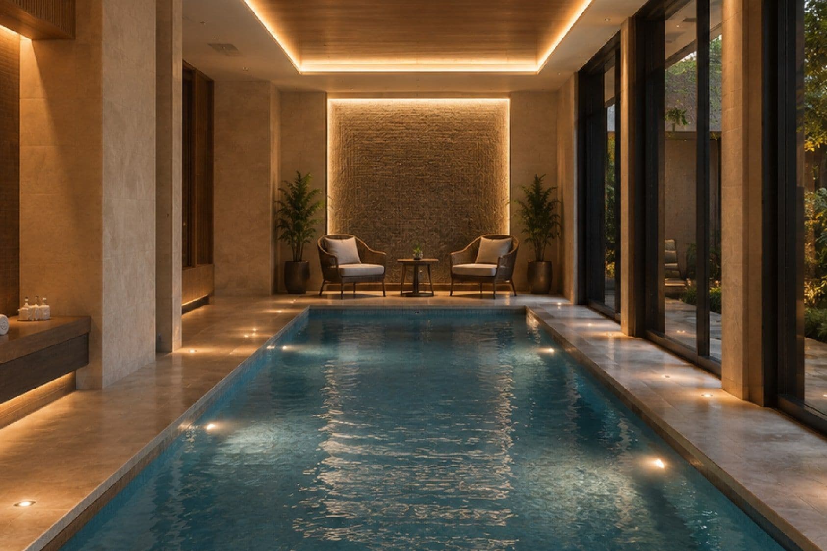 The penthouse's own swimming pool, lit behind full-height glazing at dusk