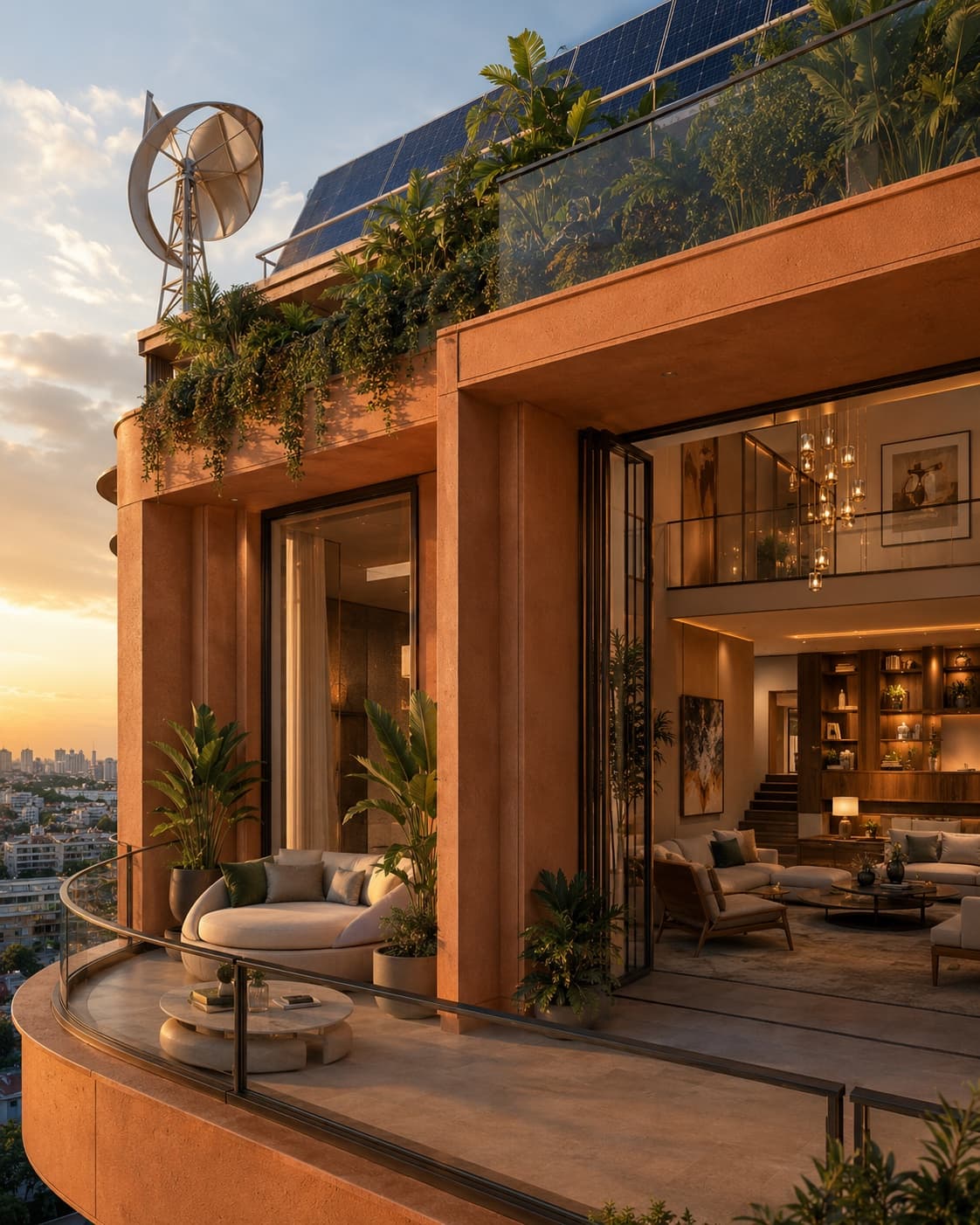 The duplex penthouse terrace opening to a double-height living room at golden hour