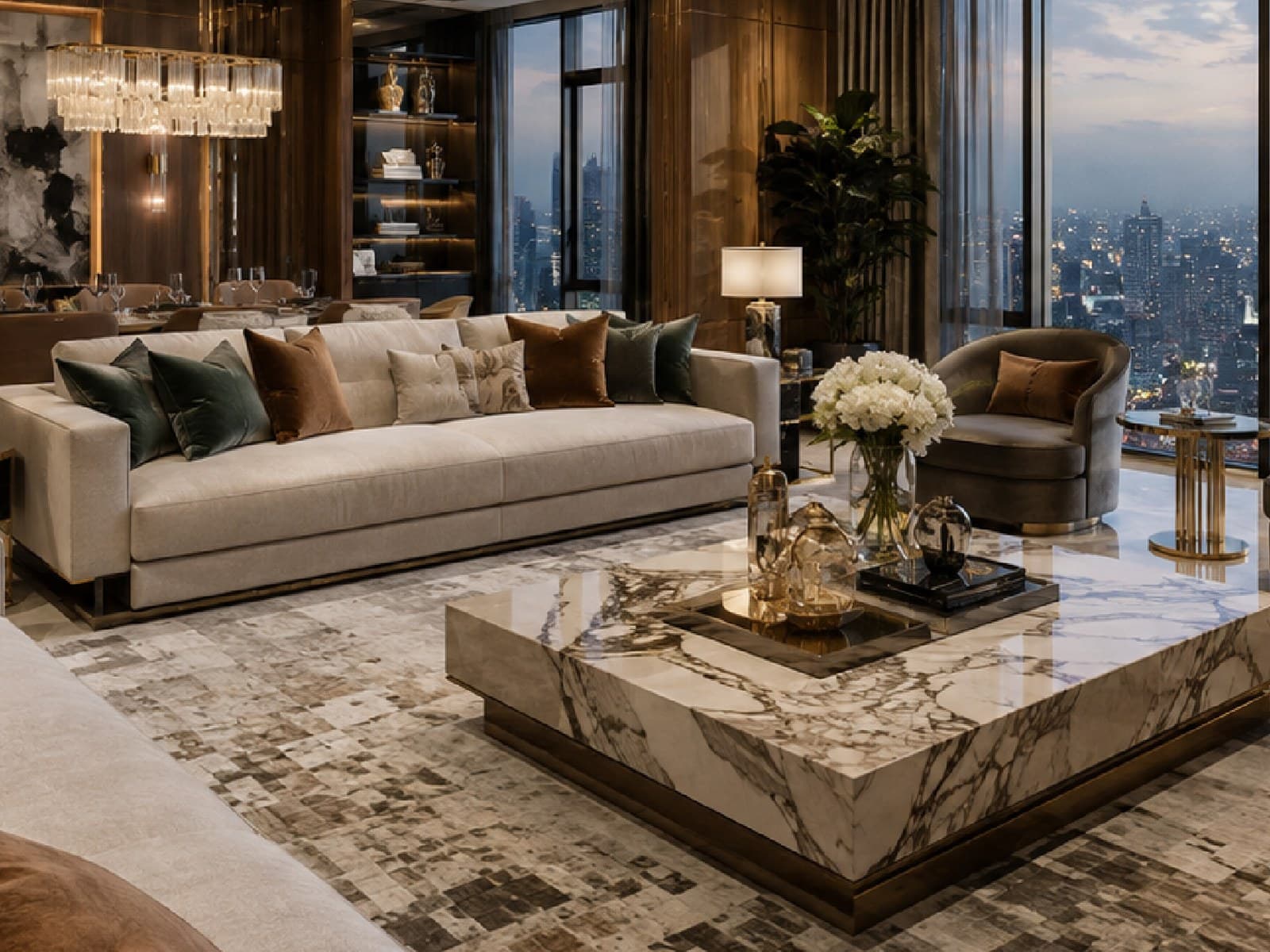 The penthouse lounge above the city, lit by its chandelier