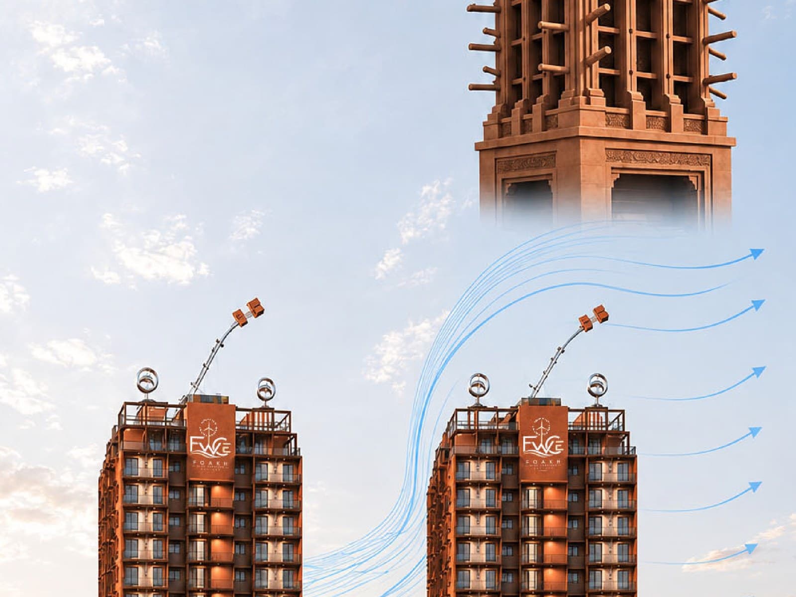 The wind catcher above the two blocks, its captured air drawn down into the buildings
