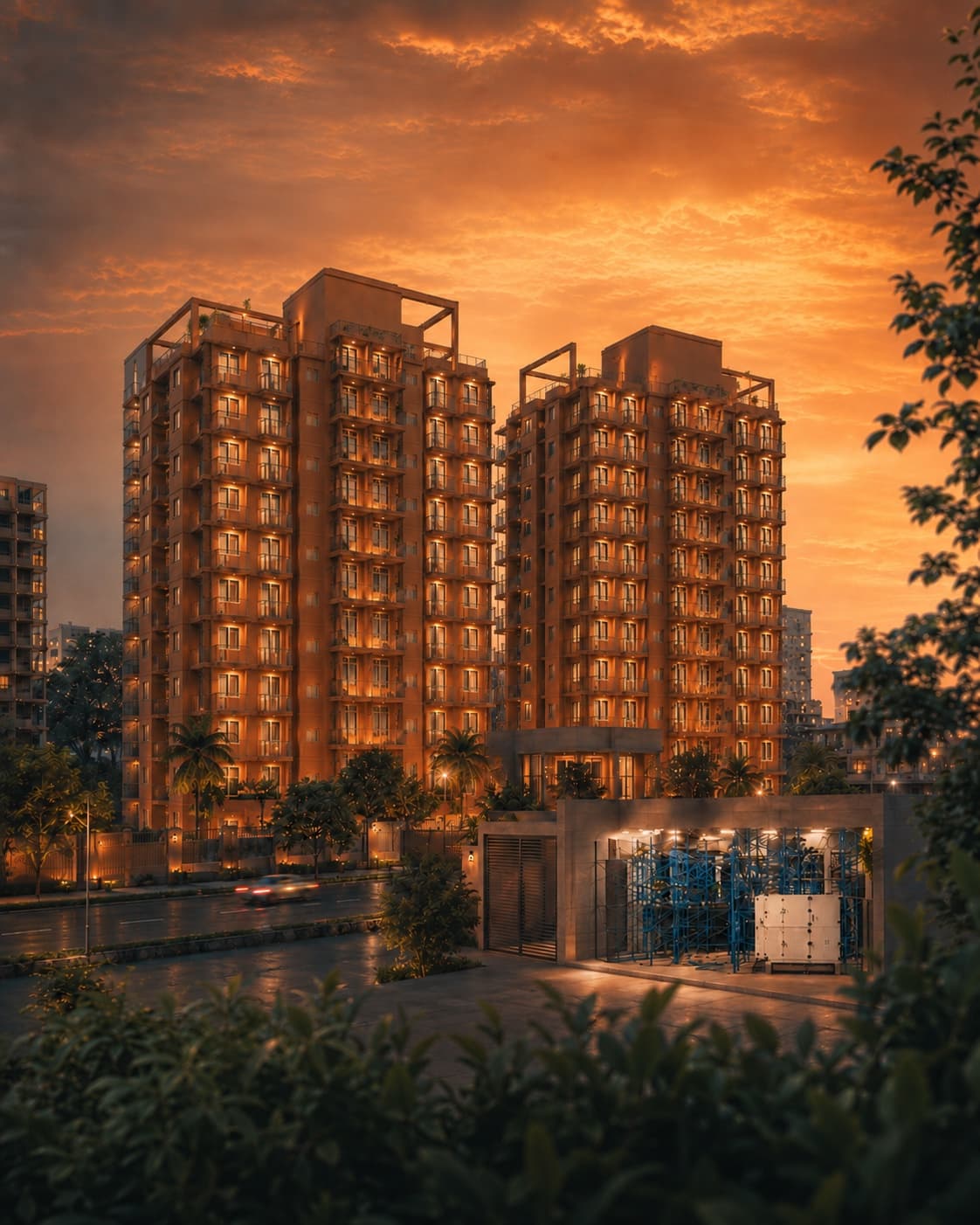 The water plant at the base of the development at dusk