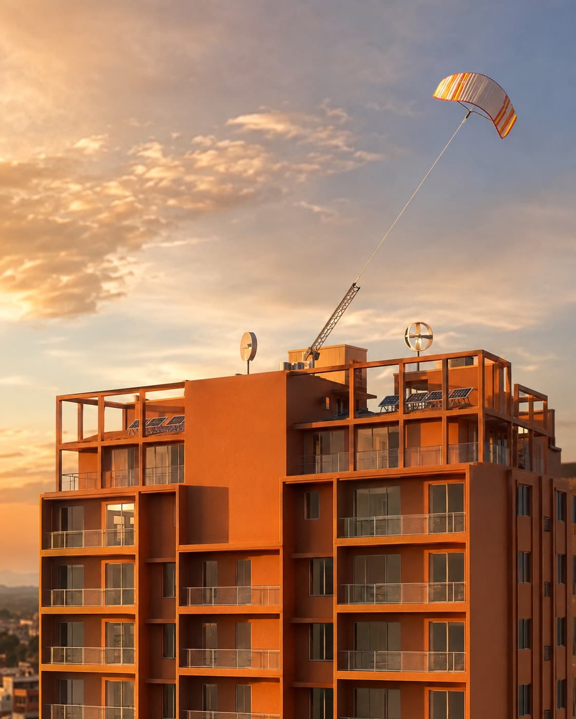 Rooftop wind turbines, solar panels and the kite winch catching first light